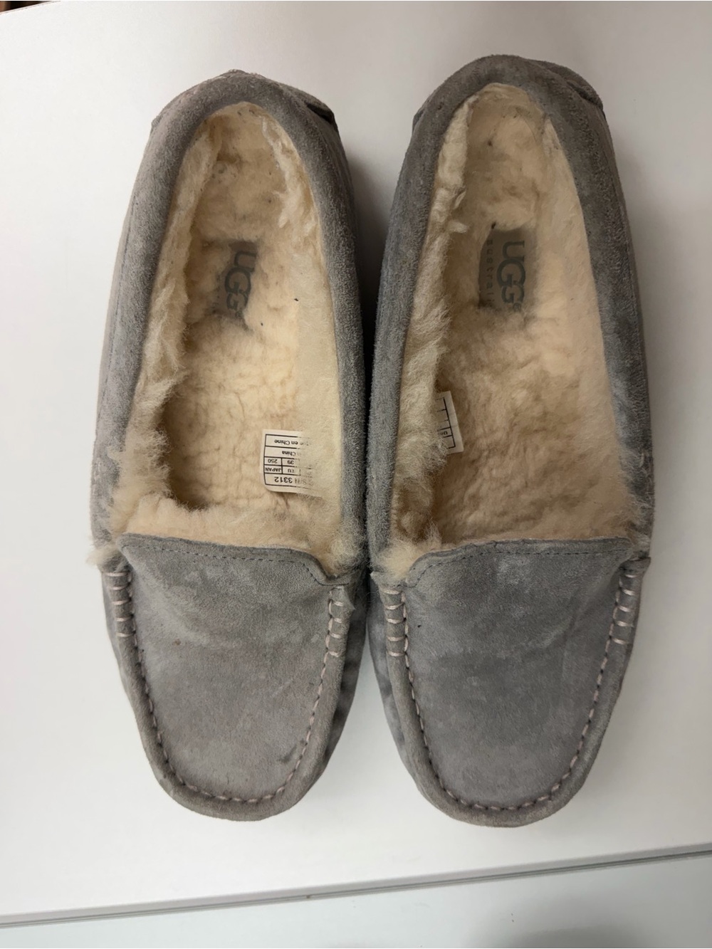 UGG woman’s Grey Shearling-Lined Moccasin Slippers size 8